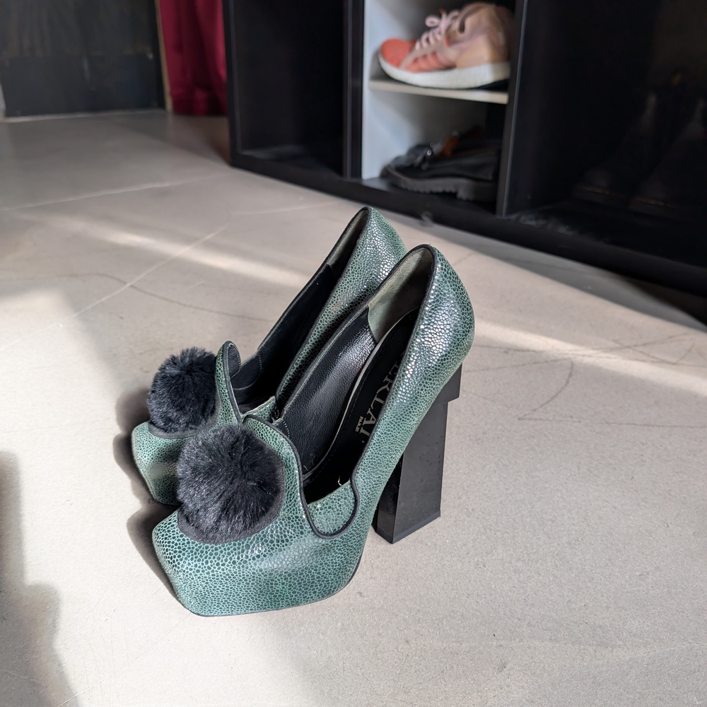 Green Textured Women's Shoes with Black Pom-Poms